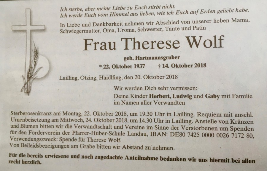 Gedenkbild für Therese Wolf